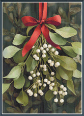 Stamped cross stitch design of a Mistletoe with red ribbon on a green leafy background